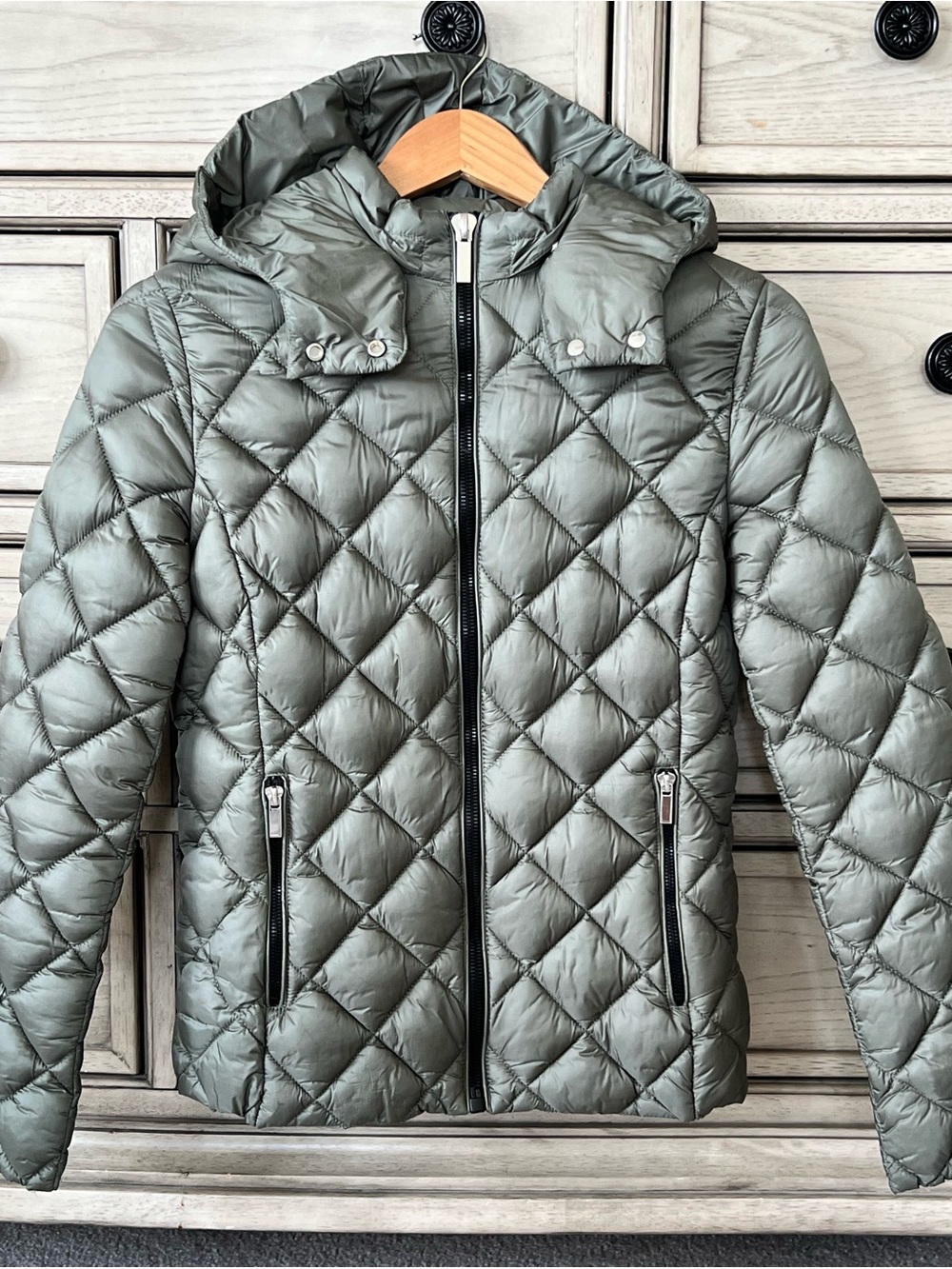 Mango Quilted Hooded Puffer Jacket in Olive